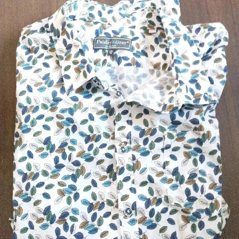 Men's Paisley & Gray Button Down Shirt with Leaves Size 19 XXL Slim Fit - Picture 3 of 8